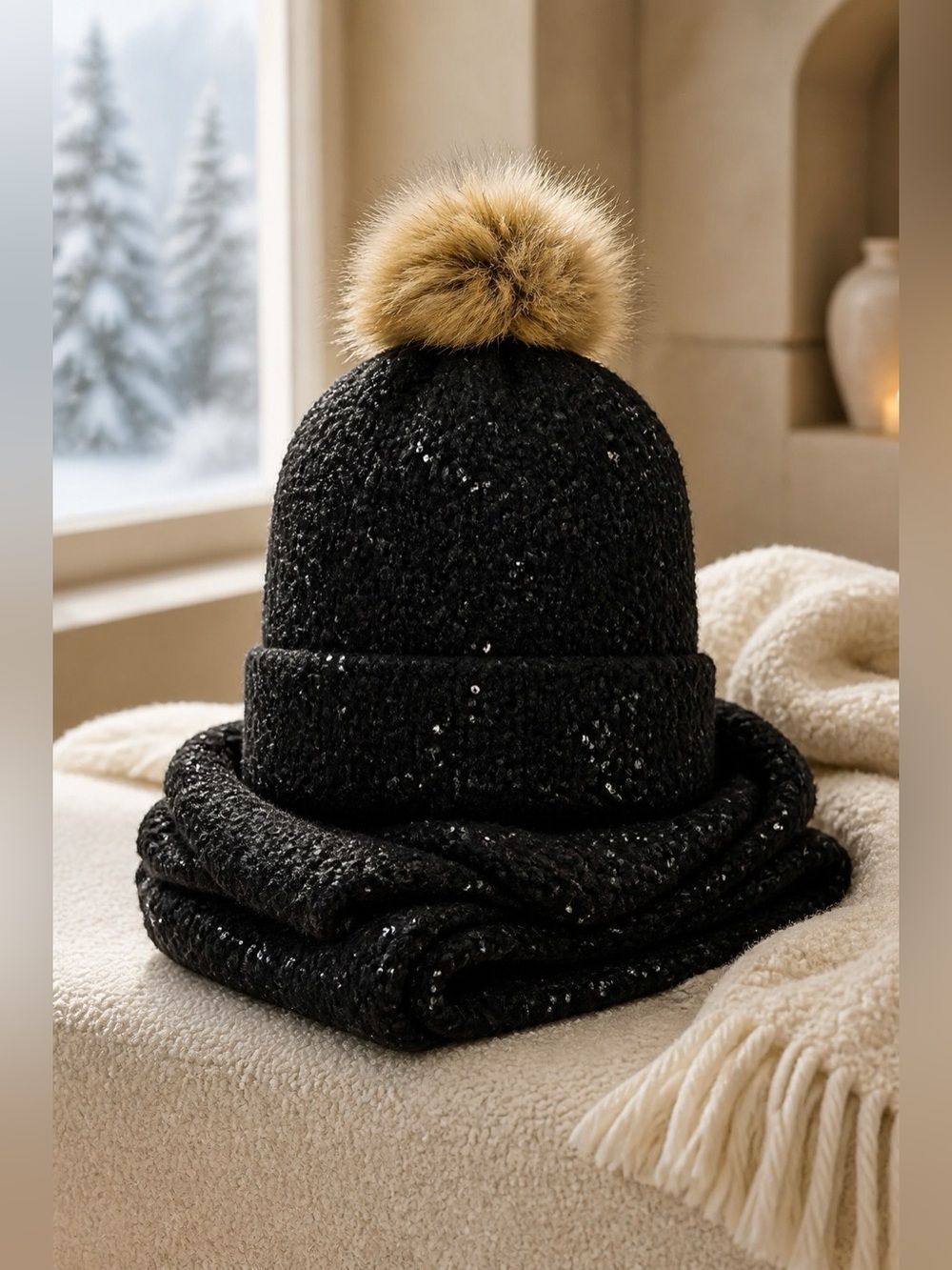 BLACK LADIES BEANIE AND INFINITY SCARF SET BY RAMPAGE NWT